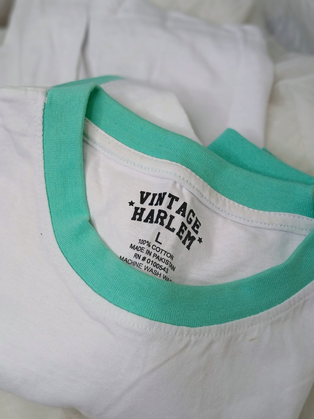 Vintage Harlem White Tee with Mint Green Ribbed Collar